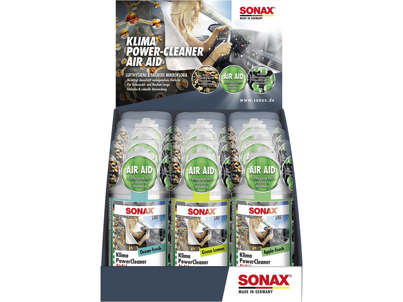 SONAX 03239410 KlimaPowerCleaner AirAid probiotisch Thekendisplay 12 Stück a 100 ml